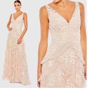 Mac Duggal Blush Sequin Lace V-Neck Maxi Gown